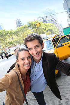 情侣,乐趣,曼哈顿,出租车,背景