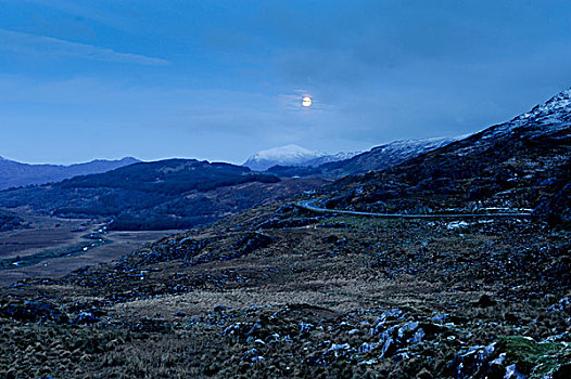 迟,晚间,月亮,上方,荒芜,山,风景,间隙,克俐环,爱尔兰