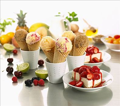 多样,冰淇淋,威化蛋筒,夏季水果