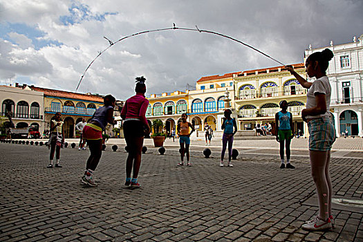 古巴,哈瓦那,女孩,跳绳,历史,殖民地,广场,哈瓦那旧城,世界遗产,使用,只有