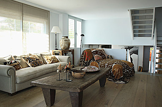 乡村,木质,茶几,苍白,沙发,躺椅,夹楼,水平