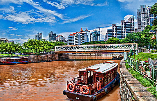 新加坡,天际线,拉拽,船,河