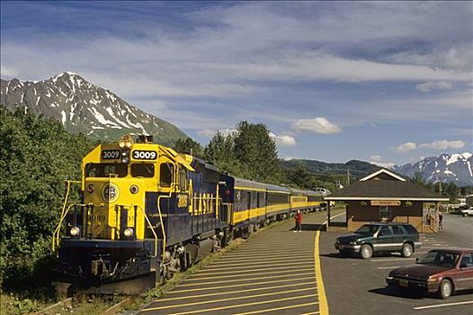 阿拉斯加,铁路,客运列车,车站,夏天