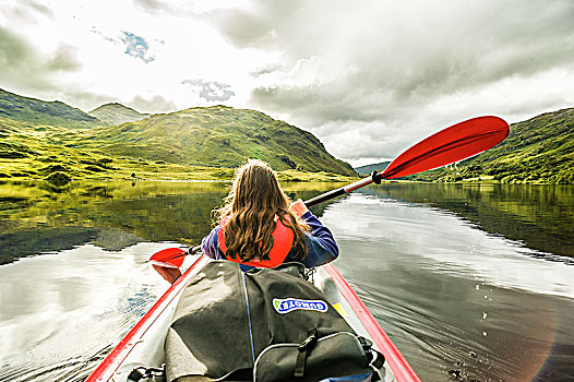 女孩,短桨,皮筏艇,湖,高地,苏格兰