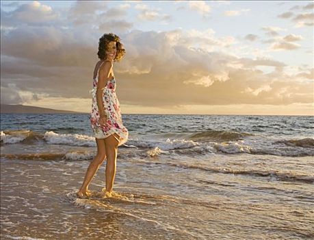夏威夷,毛伊岛,女人,站立,岸边,遥远,热带,位置