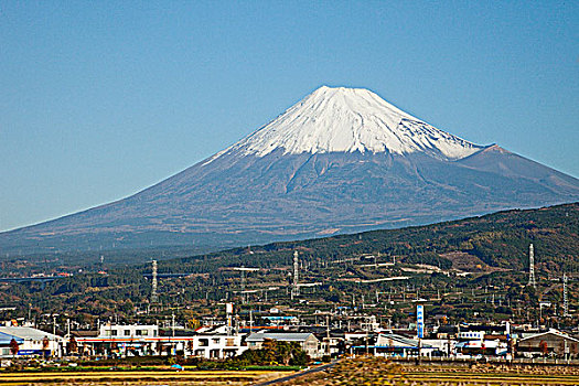 房子,城镇,山,背景,富士山,本州,日本