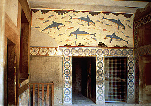 宫殿,克诺索斯,特写,壁画,海豚,室内