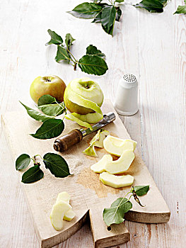 成分,绿苹果,苹果,碎屑,刷白,木桌子