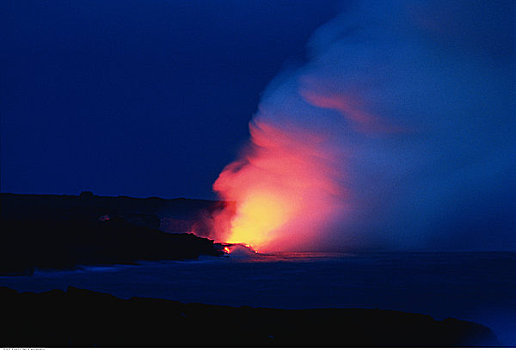 熔岩流,太平洋,夜晚,夏威夷火山国家公园