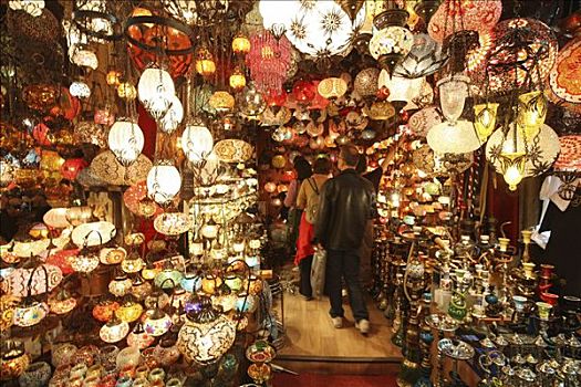 摊亭,灯,销售,行人,大巴扎,遮盖,市场,大棚市场,商品,伊斯坦布尔,土耳其