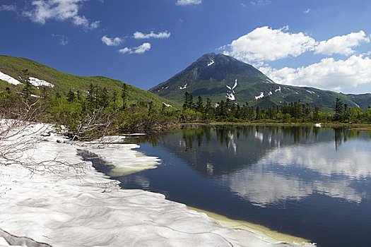 融化,雪堤,湖,山