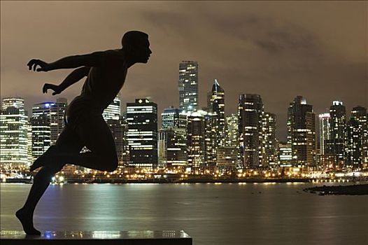 加拿大,不列颠哥伦比亚省,温哥华,雕塑,世界,纪录,跑步者,城市天际线