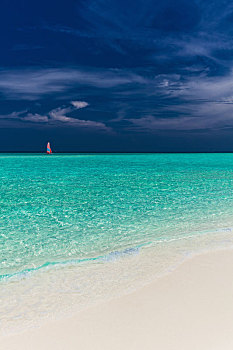 天堂海滩,马尔代夫,一个,红色,帆船