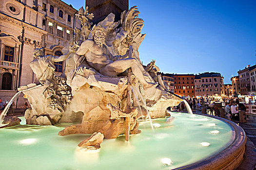 喷泉,四个,河,晚上,黎明,纳佛那广场,罗马,意大利,欧洲