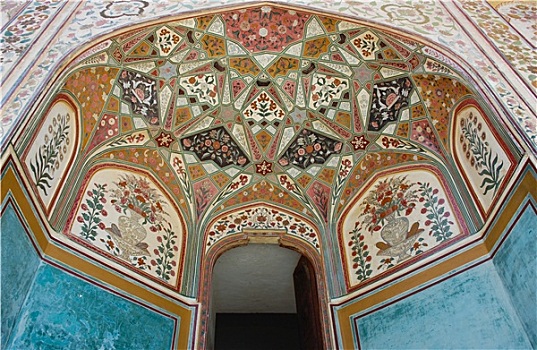 特写,绘画,装饰,墙壁,天花板,琥珀宫,斋浦尔,拉贾斯坦邦,印度