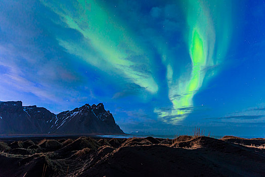 夜景,北极光,黑沙,海滩,山,海岬,山丘,东方,冰岛,欧洲