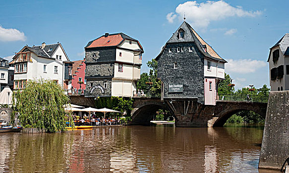 古桥,河,桥,房子,莱茵兰普法尔茨州,德国,欧洲