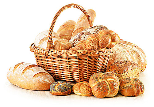 面包,柳条篮,隔绝,白色背景