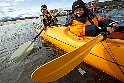 挪威,特罗姆瑟,区域,岛屿,家庭,拿,静水,峡湾,学习,海上皮划艇