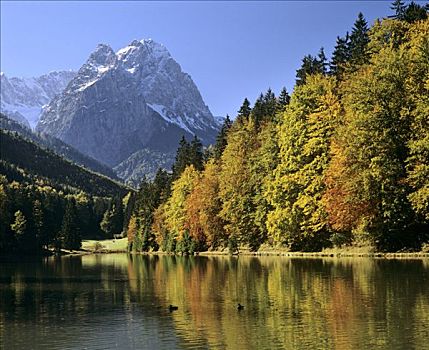 湖,陆地,山峦,山,楚格峰,上巴伐利亚,巴伐利亚,德国,欧洲