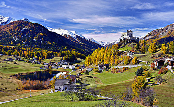 城堡,山村,秋天,恩加丁,瑞士,欧洲