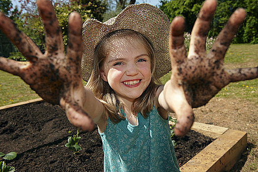 女孩,花园,泥,手