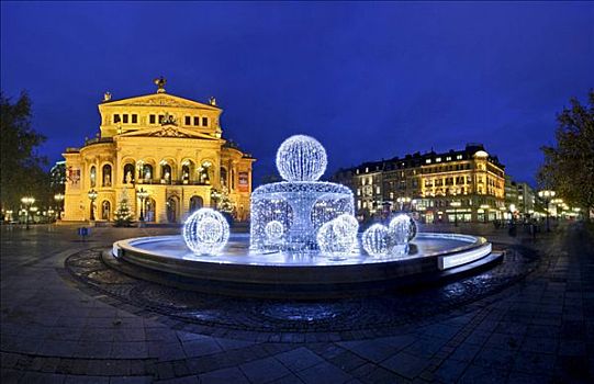 老,歌剧院,特别,圣诞彩灯,喷泉,法兰克福,黑森州,德国