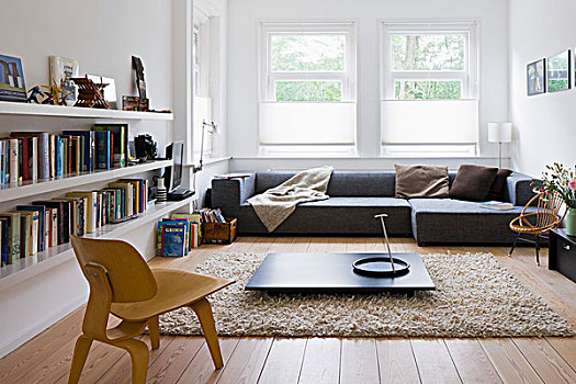 低,木质,椅子,正面,暗色,茶几,地毯,灰色,设计师,沙发,仰视,窗户