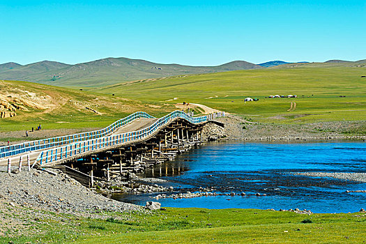 桥,上方,河,国家公园,蒙古,亚洲