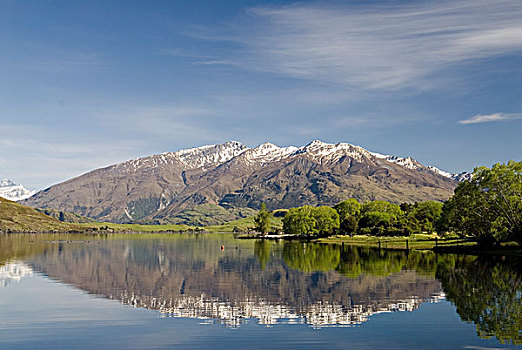 山峦,南阿尔卑斯山,反射,平静,水,瓦纳卡湖,南岛,新西兰