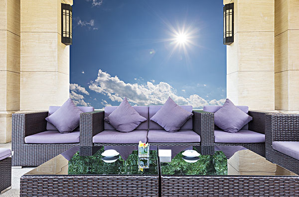 优雅,紫色,沙发,现代建筑,后院
