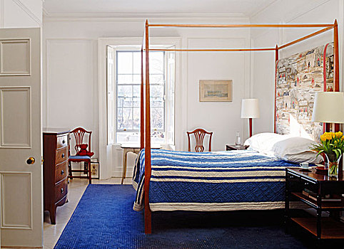 卧室,床,蓝色,床单,地毯