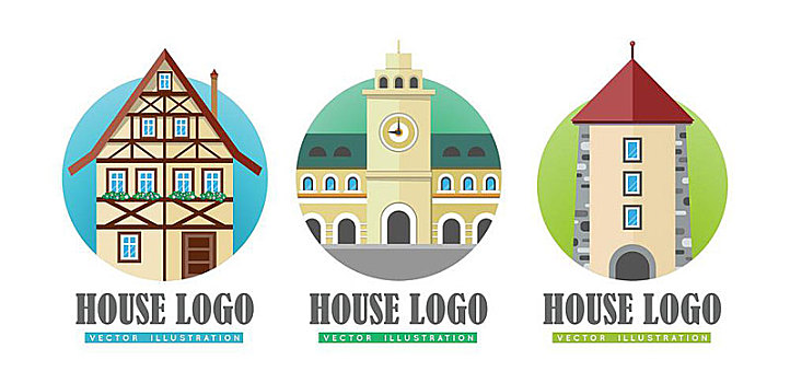 房子,标识,矢量,插画,建筑,钟表,屋舍,象征,窗户,拱形,塔,大,中心,公寓,风格,圆
