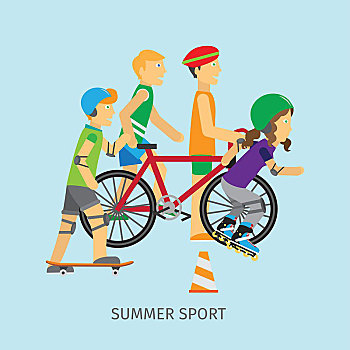 夏季运动,动作,生活方式,概念,旗帜,男孩,玩滑板,女孩,滑旱冰,人,靠近,自行车,跑步,进入,运动,青少年,海报,矢量