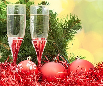 两个,玻璃杯,红色,圣诞节,装饰,树