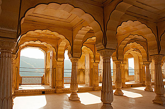列柱,画廊,琥珀堡,斋浦尔,拉贾斯坦邦,印度