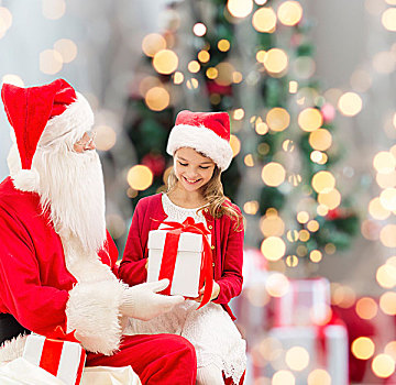 休假,孩子,人,概念,微笑,小女孩,圣诞老人,礼物,上方,圣诞树,背景