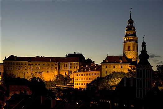 城堡,塔,夜晚,世界遗产,世界文化遗产,捷克共和国,欧洲