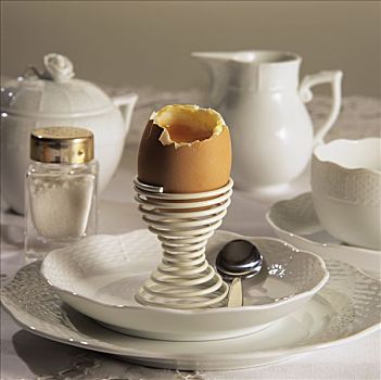 白色,早餐,早餐鸡蛋,盐,桌上