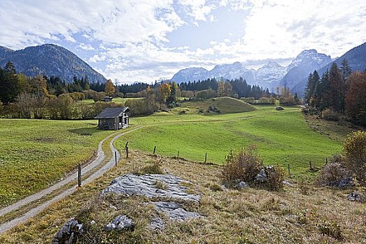 小屋,小路,山峦,背景,萨尔茨堡,奥地利