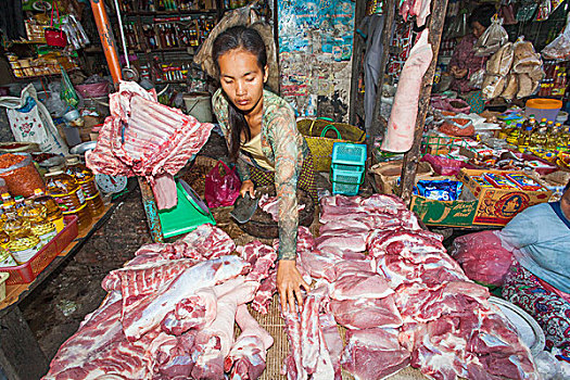 柬埔寨,收获,市场一景,女性,屠夫,销售,猪肉