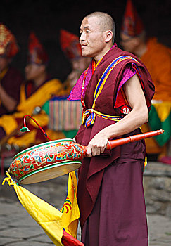 僧侣,桶,寺院,布姆唐,山谷,不丹,亚洲