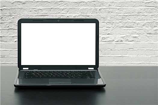 笔记本电脑,留白,显示屏,木桌子,砖墙