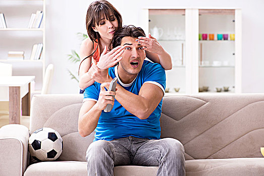 妻子,不开心,丈夫,看,足球