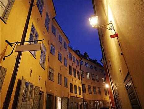 小路,夜晚,老城,斯德哥尔摩,瑞典