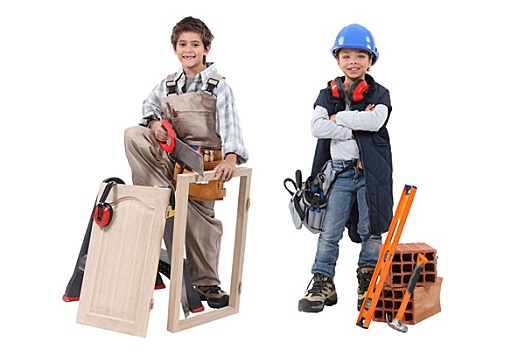 两个孩子,动作,室外,成年,木工,建筑