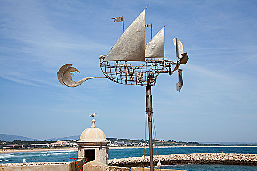 雕塑,帆船,海岸,拉各斯,阿尔加维,葡萄牙