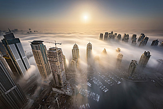 航拍,城市,摩天大楼,高处,云,迪拜,阿联酋
