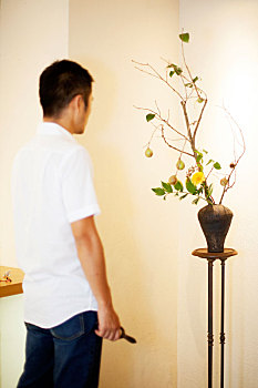 日本人,站立,男人,花,画廊,看,插花,安放,褐色,花瓶