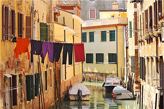 小,运河,船,老,砖砌房屋,洗,衣服,威尼斯